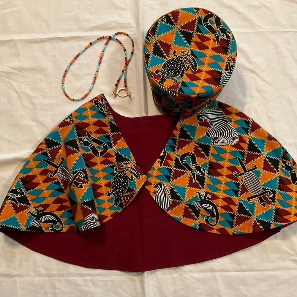 Hand Crafted Ankara African Print Capelet Sz. 16 Burgundy Turquoise Orange Lined - Picture 3 of 10